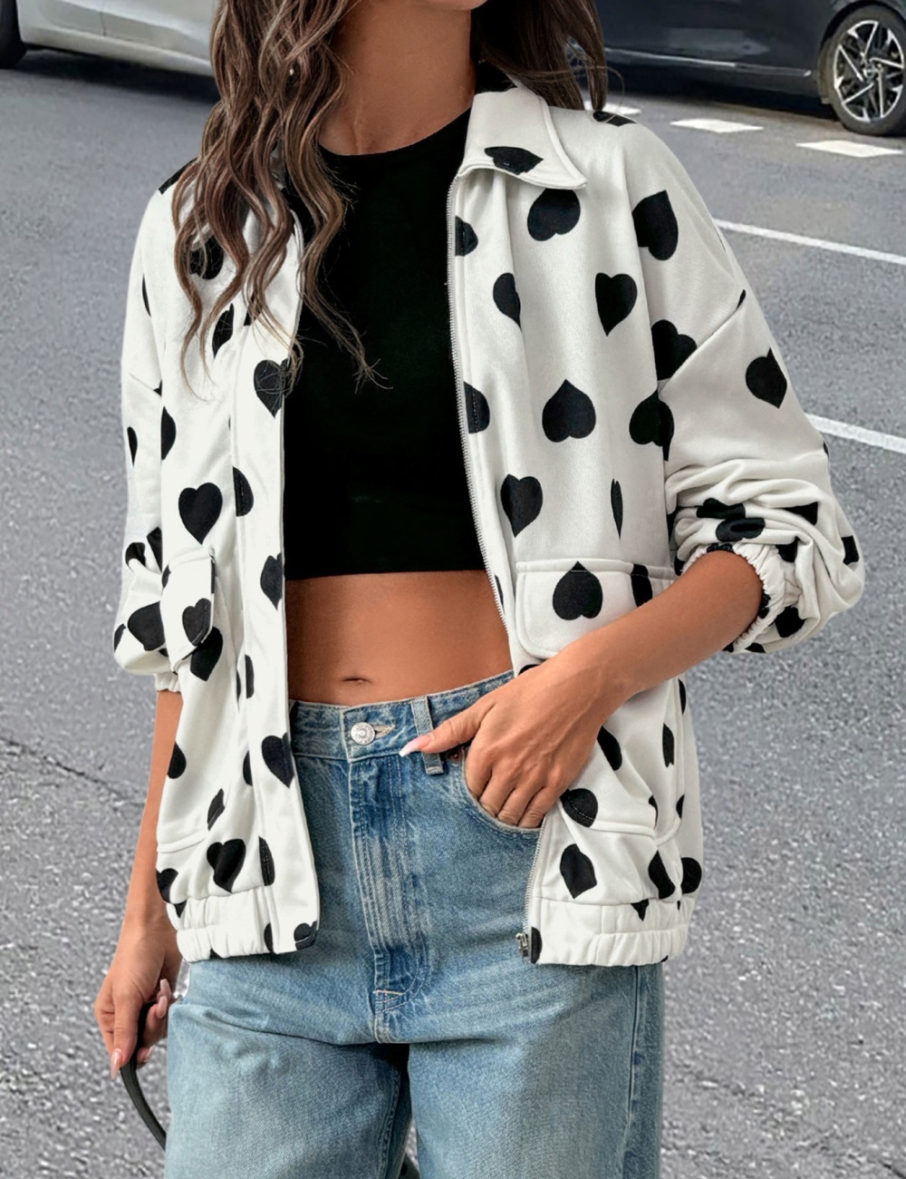 Sweet style street zip jacket lapel heart coat for women