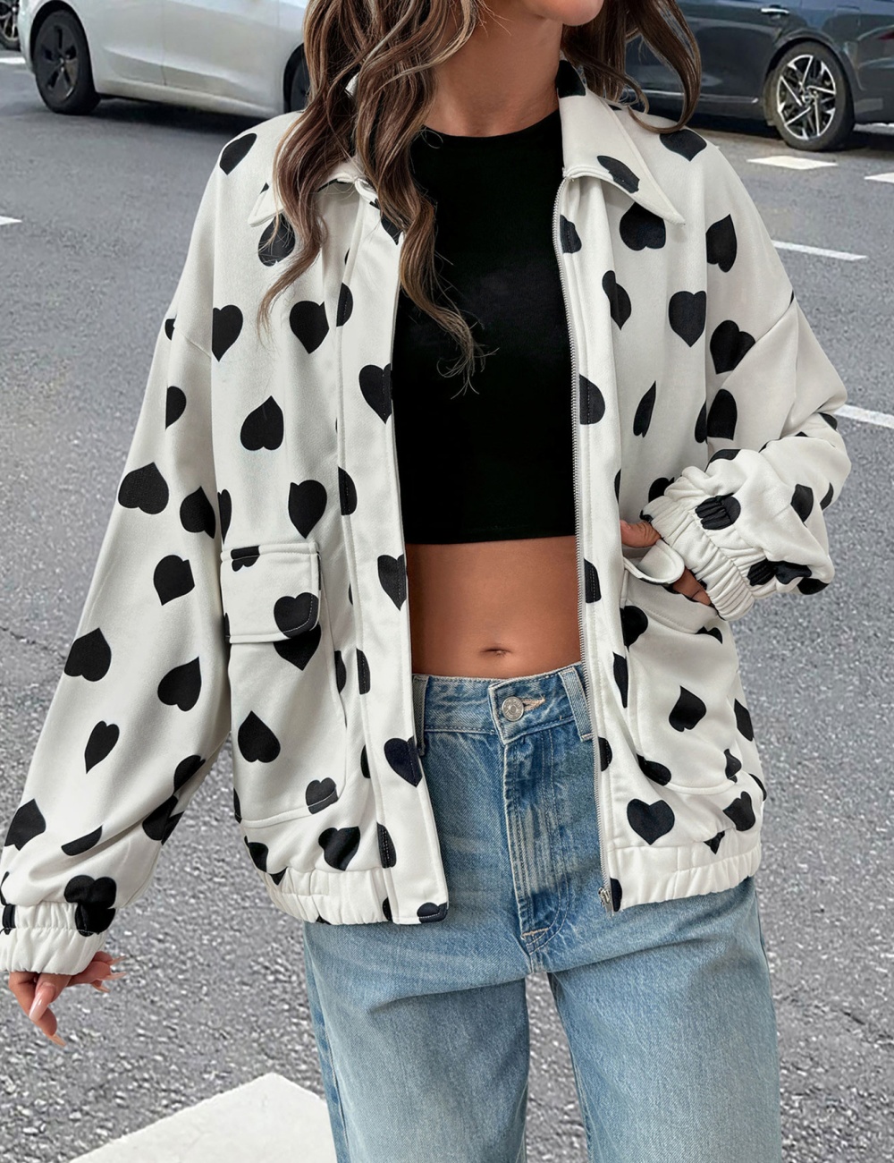 Sweet style street zip jacket lapel heart coat for women