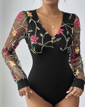 Romantic lace autumn embroidered long sleeve retro leotard