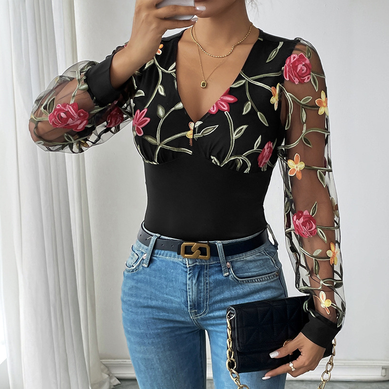 Romantic lace autumn embroidered long sleeve retro leotard