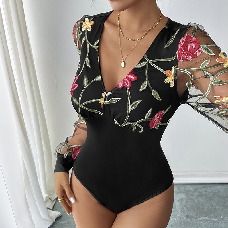 Romantic lace autumn embroidered long sleeve retro leotard
