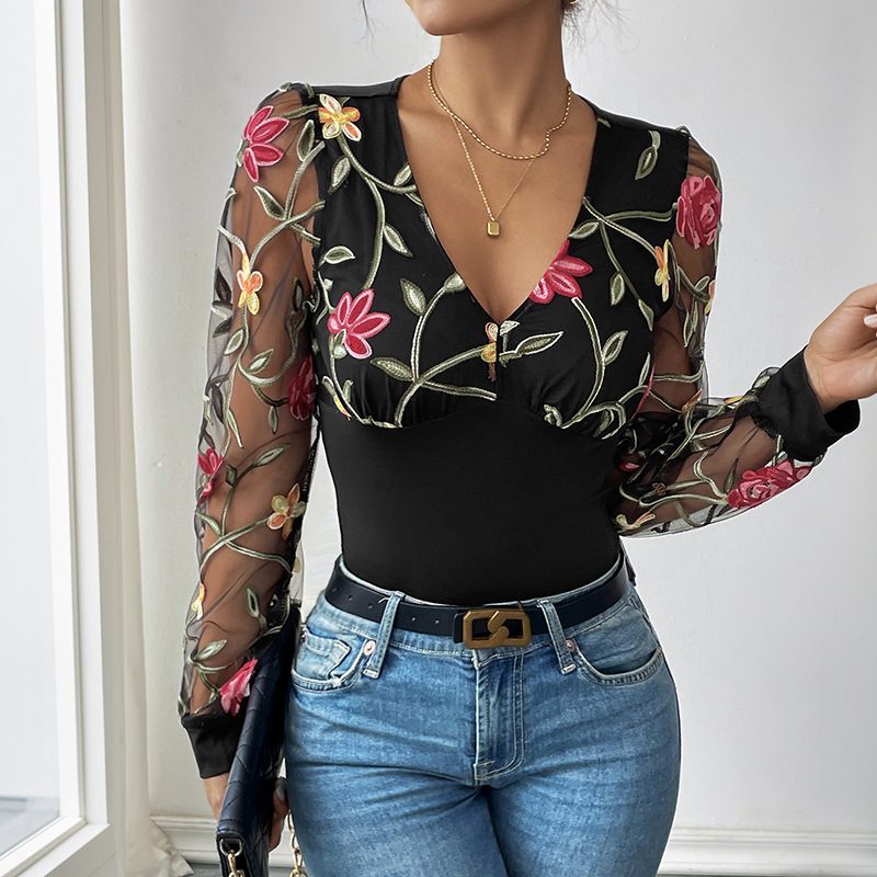 Romantic lace autumn embroidered long sleeve retro leotard