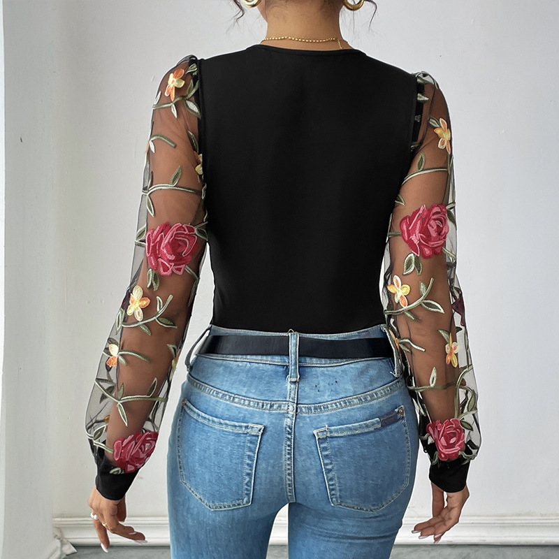 Romantic lace autumn embroidered long sleeve retro leotard