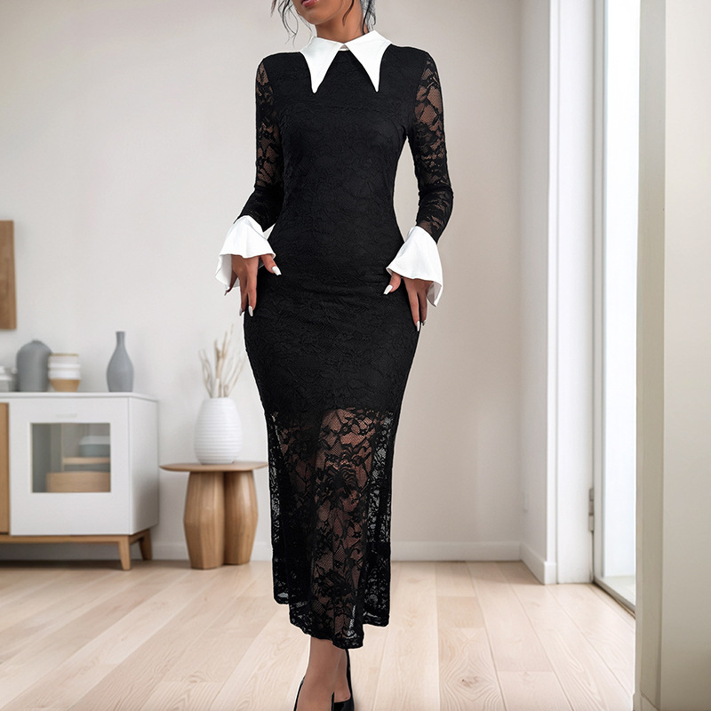 Lapel sexy lace mixed colors long sleeve dress