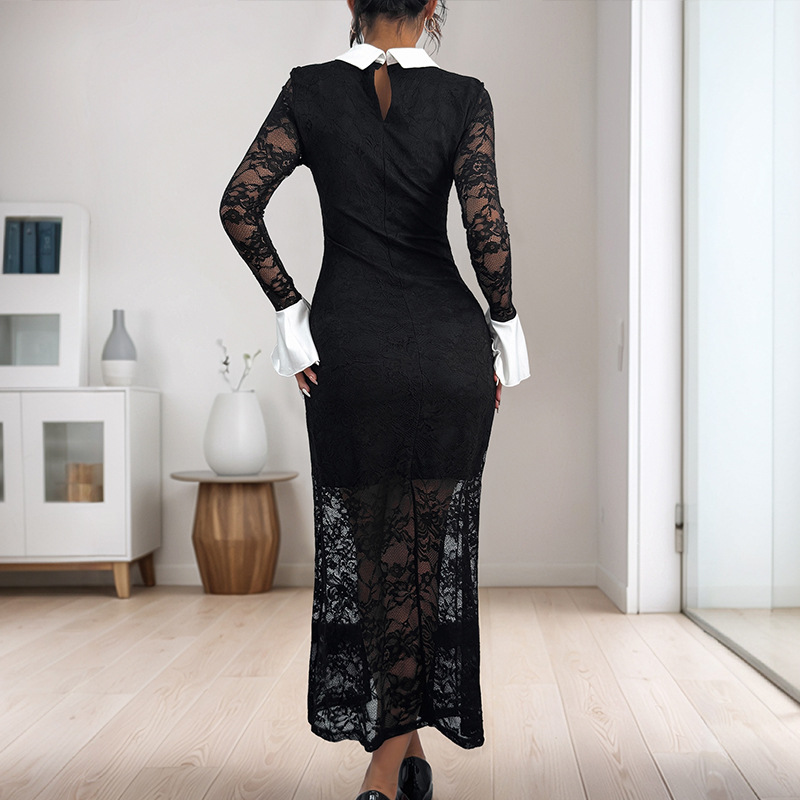 Lapel sexy lace mixed colors long sleeve dress