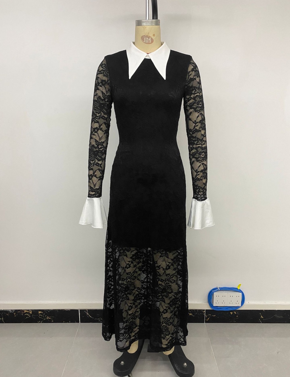 Lapel sexy lace mixed colors long sleeve dress