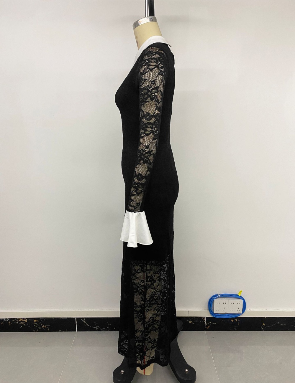Lapel sexy lace mixed colors long sleeve dress