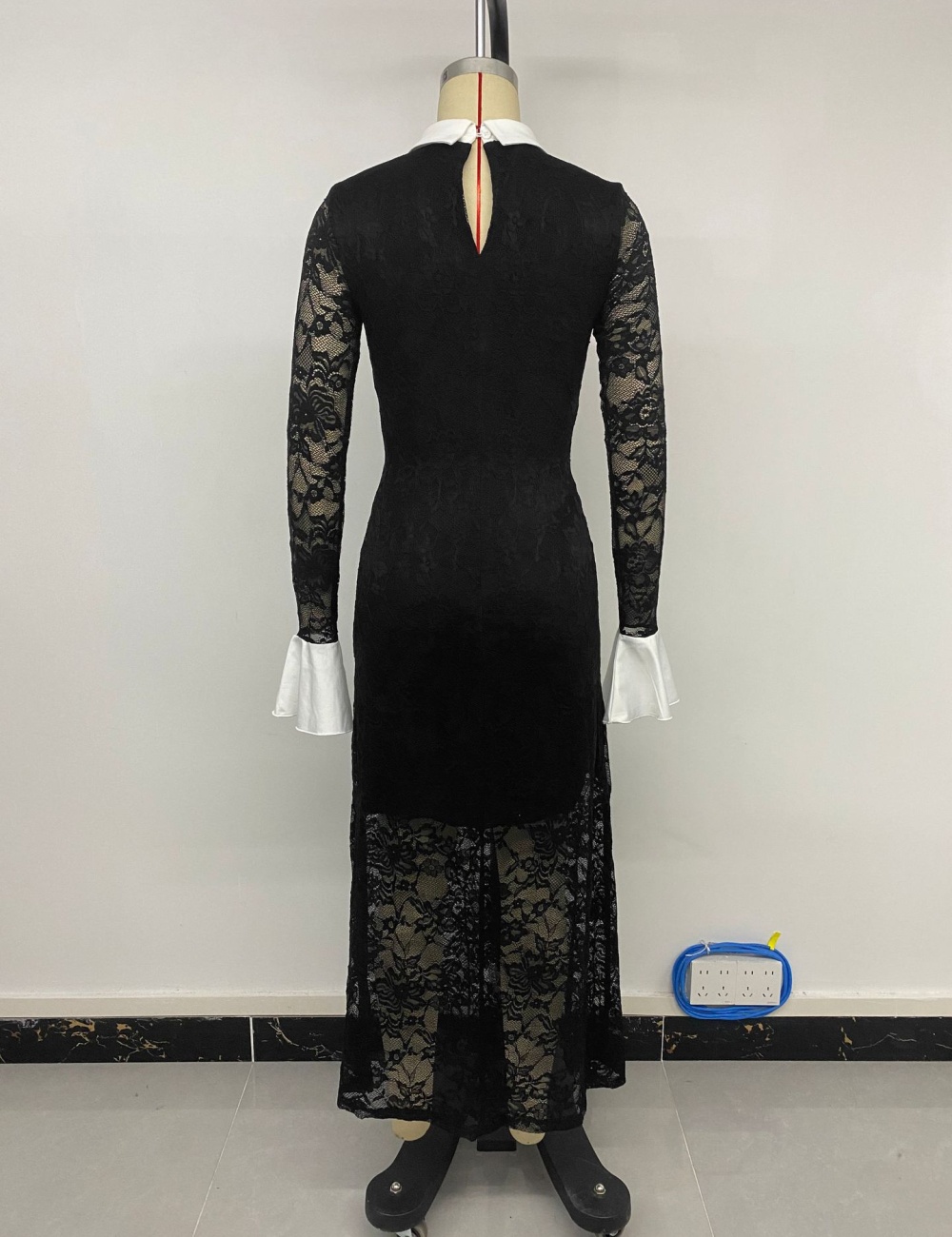Lapel sexy lace mixed colors long sleeve dress