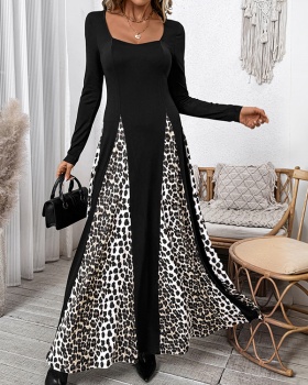 Leopard long sleeve elegant dress splice retro long dress