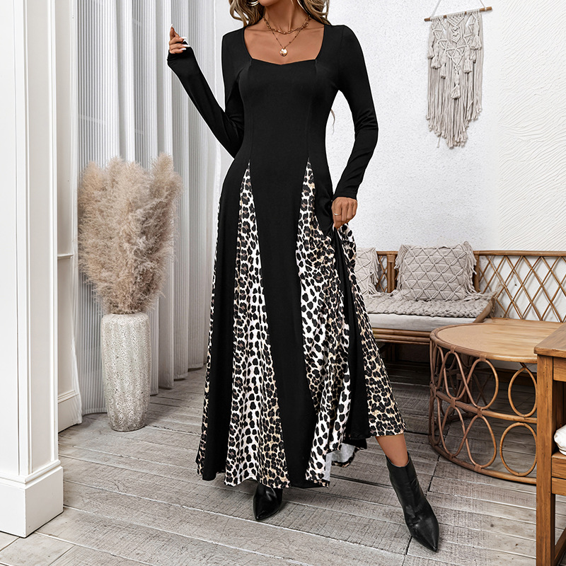 Leopard long sleeve elegant dress splice retro long dress