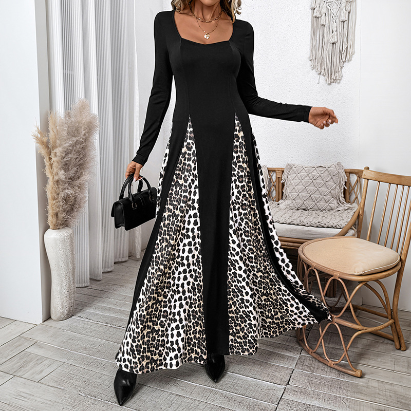 Leopard long sleeve elegant dress splice retro long dress