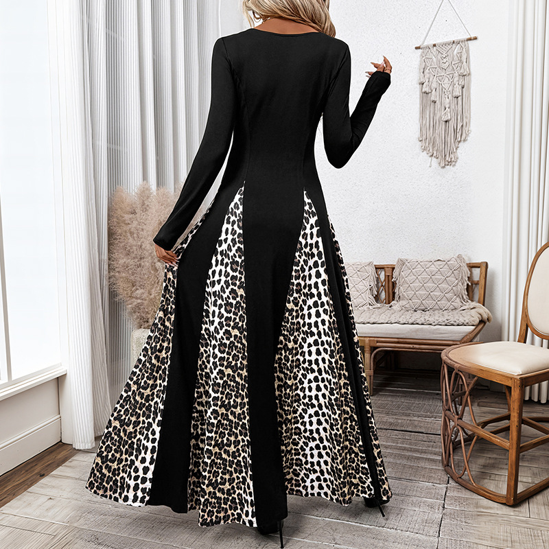 Leopard long sleeve elegant dress splice retro long dress
