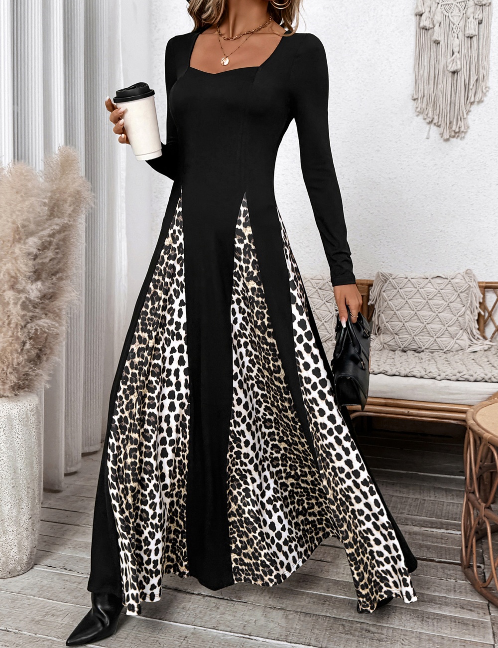 Leopard long sleeve elegant dress splice retro long dress