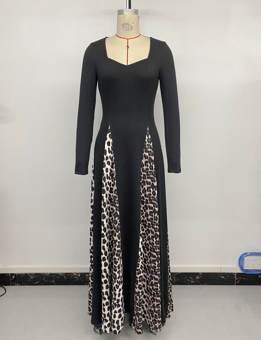 Leopard long sleeve elegant dress splice retro long dress