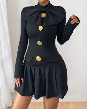 Bow buckle decoration sweet style autumn dress