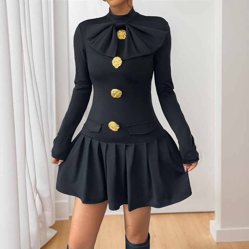 Bow buckle decoration sweet style autumn dress