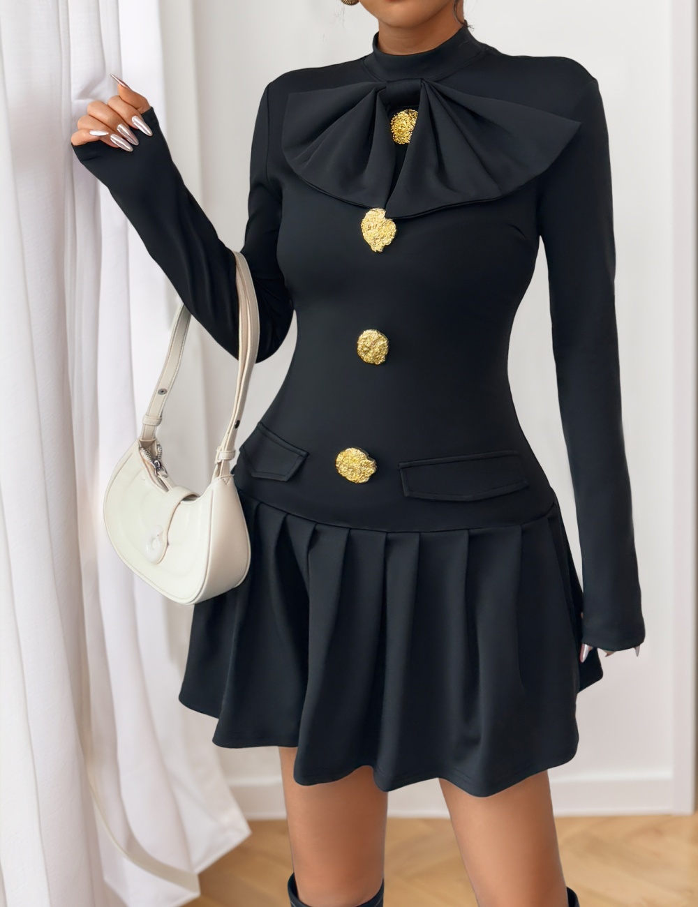 Bow buckle decoration sweet style autumn dress
