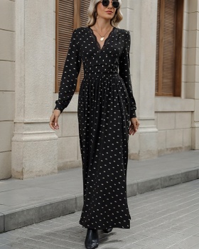 Elegant long sleeve autumn retro bow V-neck lace dress