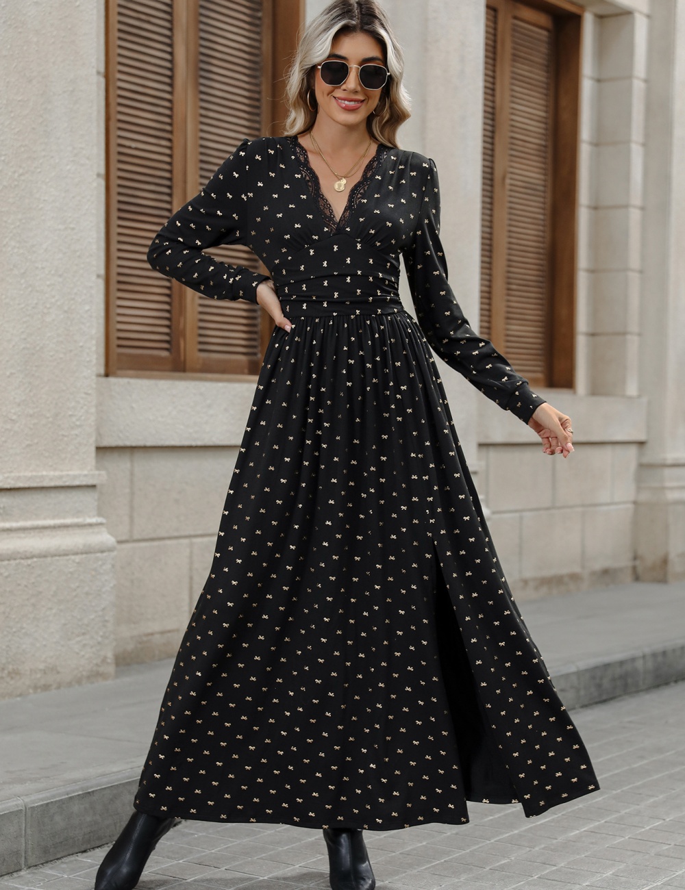 Elegant long sleeve autumn retro bow V-neck lace dress