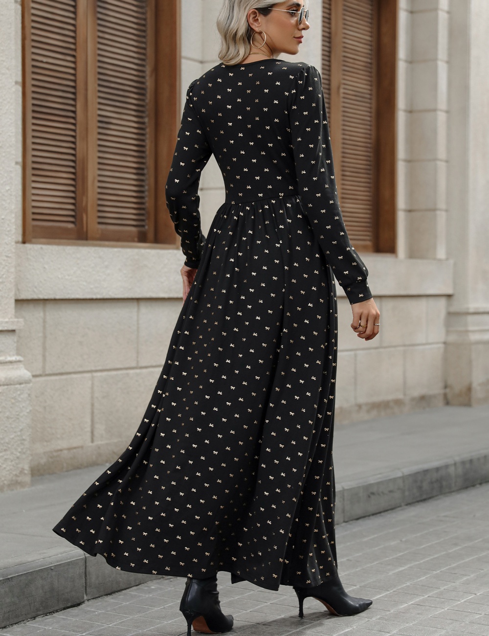 Elegant long sleeve autumn retro bow V-neck lace dress
