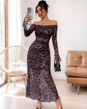 Long sleeve retro horizontal collar elegant leopard dress