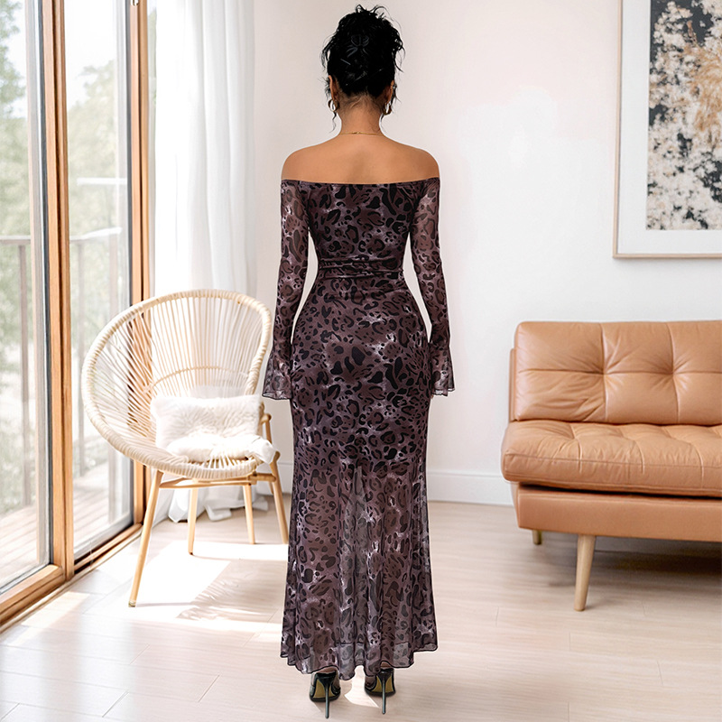 Long sleeve retro horizontal collar elegant leopard dress