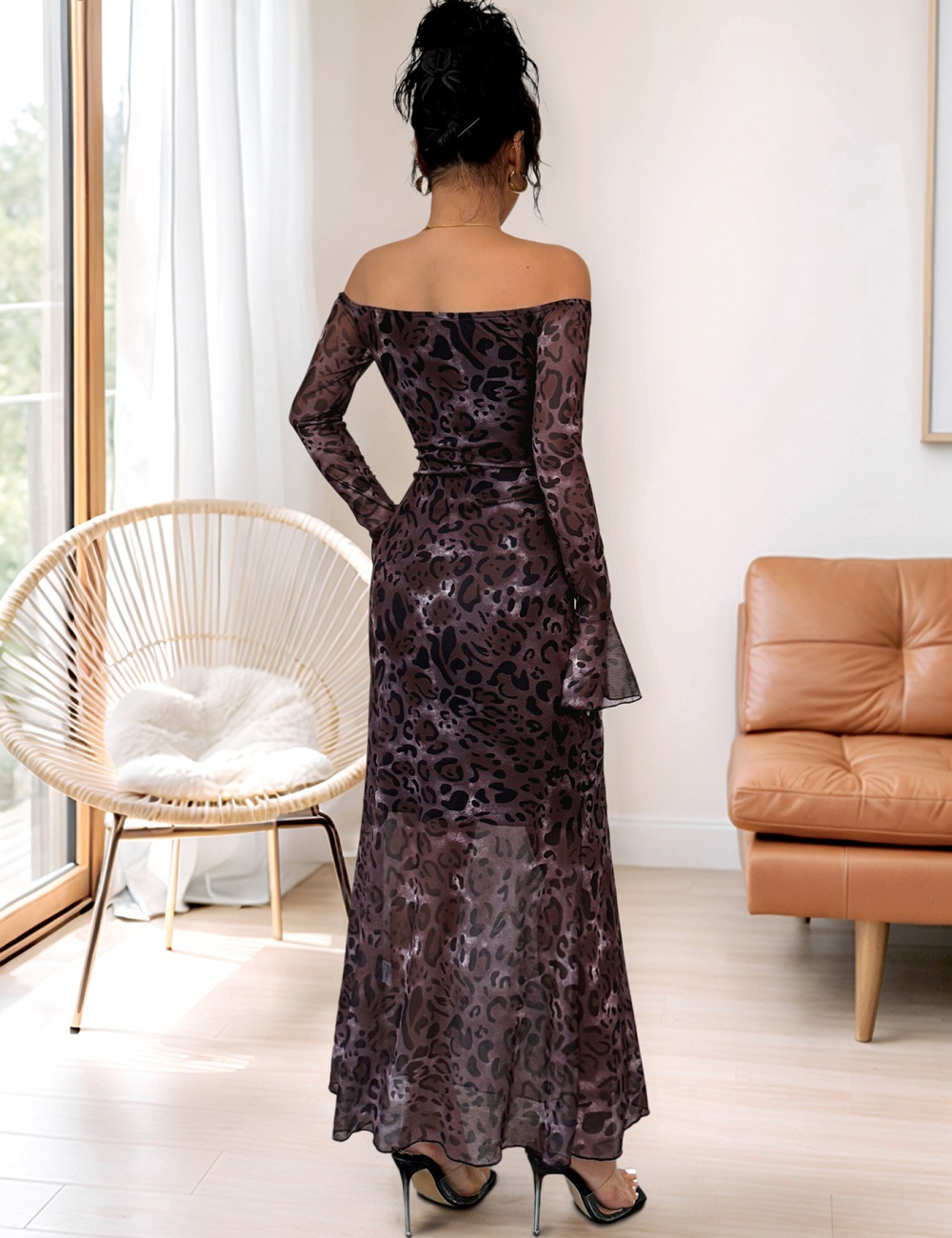 Long sleeve retro horizontal collar elegant leopard dress