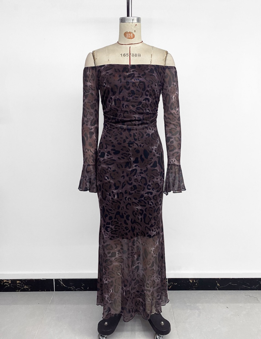 Long sleeve retro horizontal collar elegant leopard dress