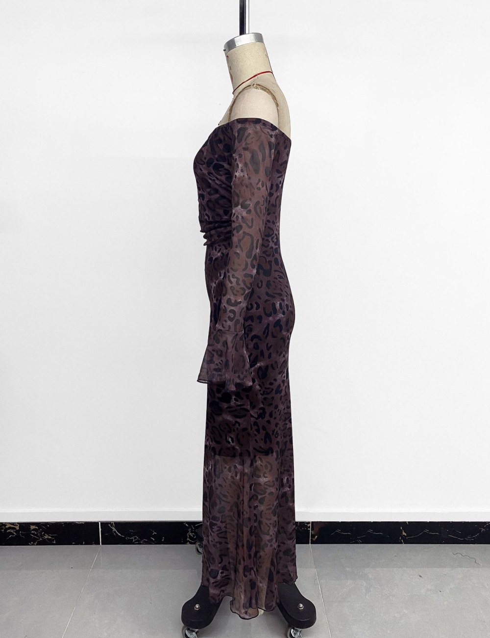 Long sleeve retro horizontal collar elegant leopard dress