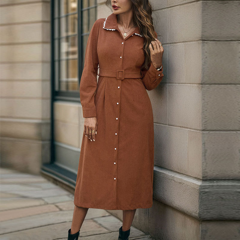 Corduroy Casual elegant shirt lace retro lapel dress