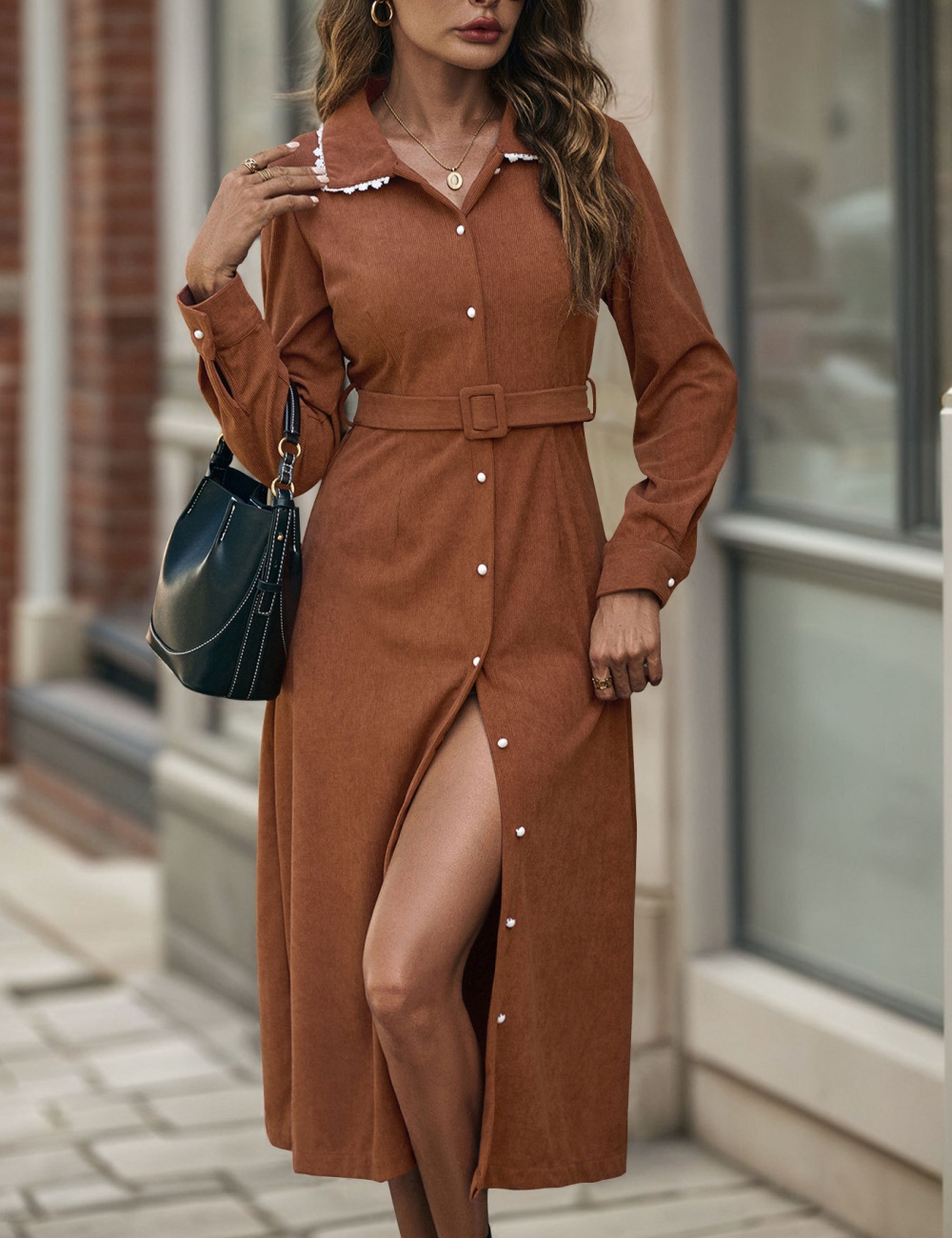 Corduroy Casual elegant shirt lace retro lapel dress