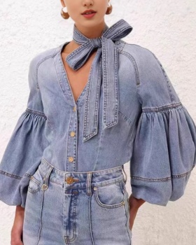 Light thin shirt denim short sleeve tops for women