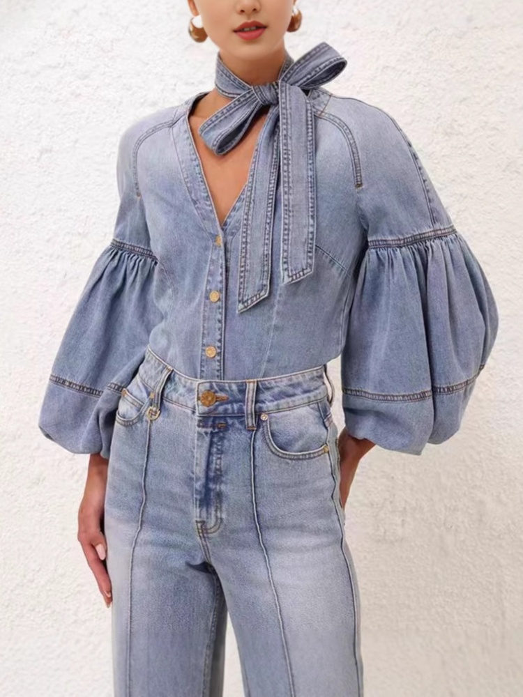 Light thin shirt denim short sleeve tops for women