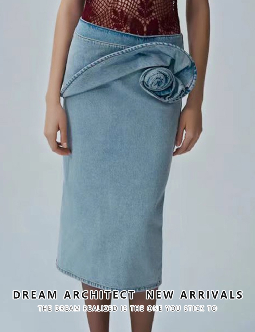 Stereoscopic pencil denim pinch pleated skirt for women