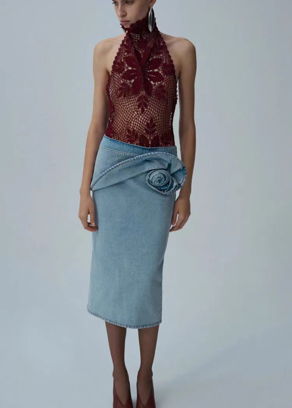 Stereoscopic pencil denim pinch pleated skirt for women