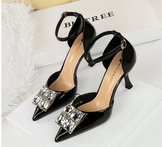 High-heeled side buckle rhinestone pointed sandals for women