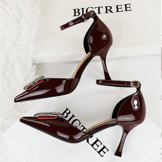 High-heeled side buckle rhinestone pointed sandals for women
