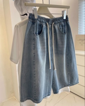 Slim light-blue five pants washed short jeans for women