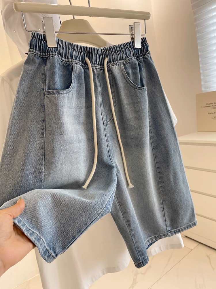 Slim light-blue five pants washed short jeans for women