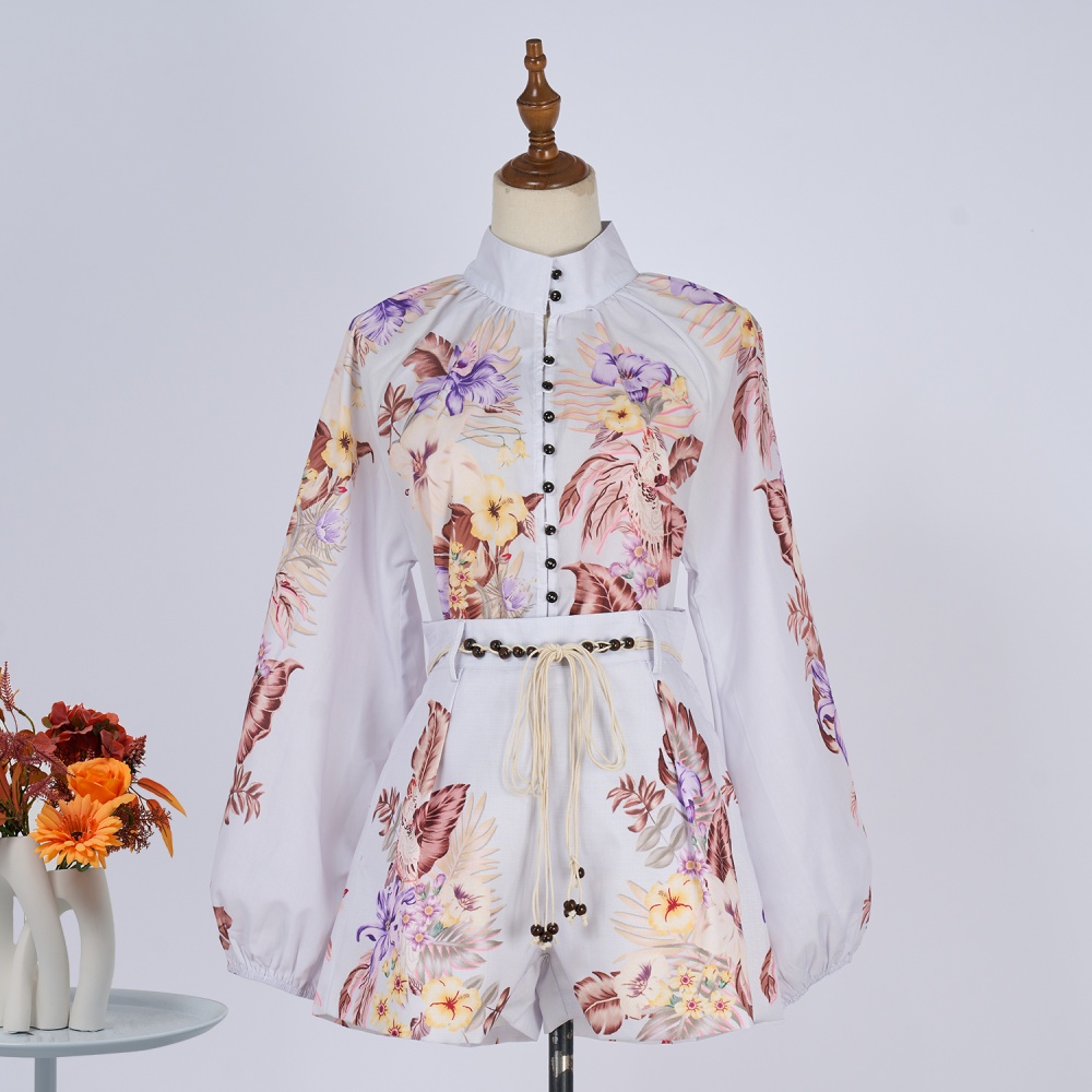 Loose vacation shorts retro high collar shirt a set