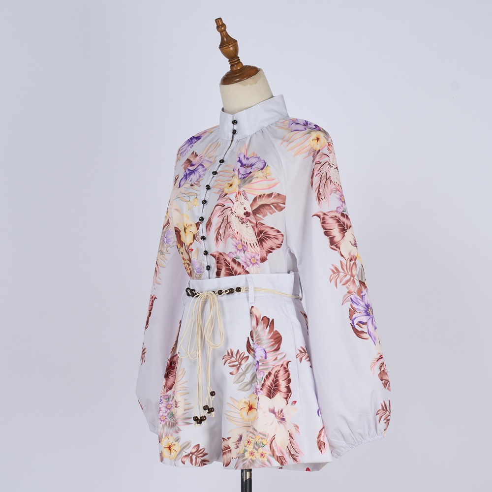 Loose vacation shorts retro high collar shirt a set