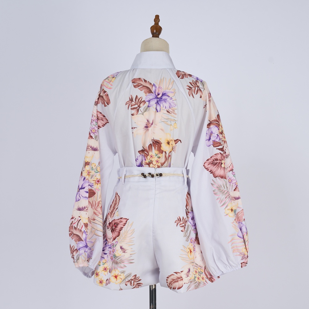 Loose vacation shorts retro high collar shirt a set