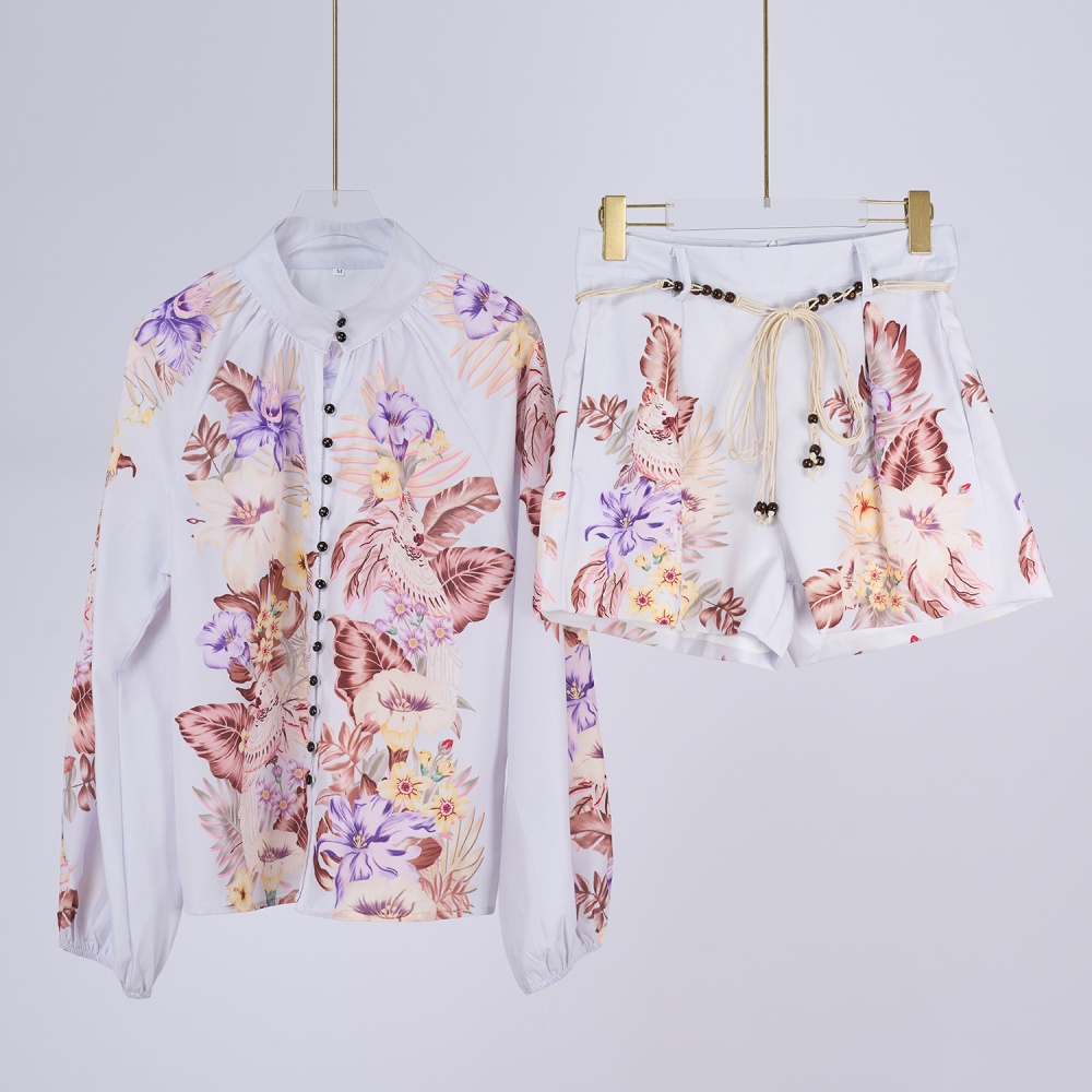 Loose vacation shorts retro high collar shirt a set