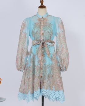 Lace printing national style lantern sleeve dress