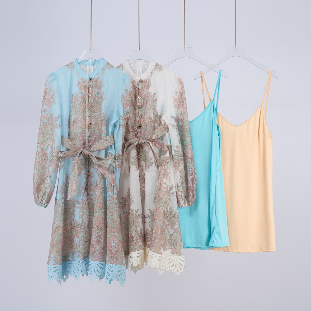 Lace printing national style lantern sleeve dress