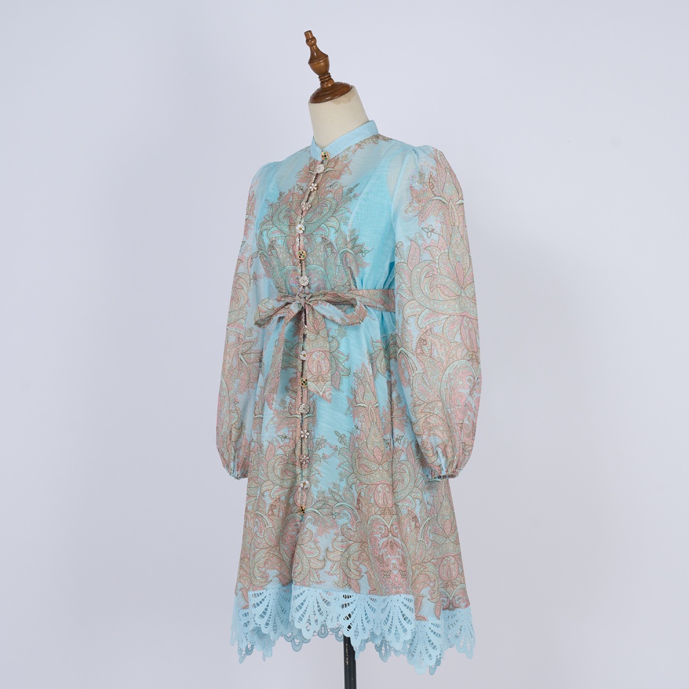 Lace printing national style lantern sleeve dress