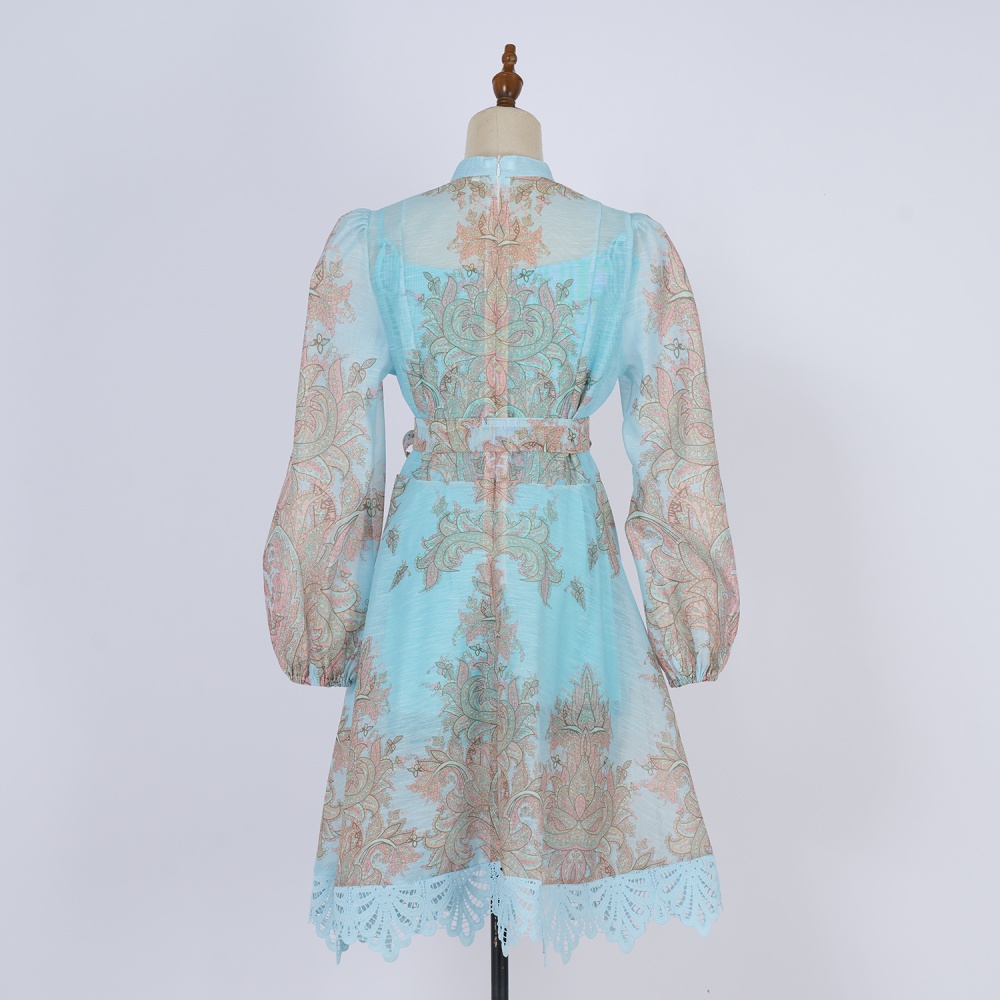 Lace printing national style lantern sleeve dress