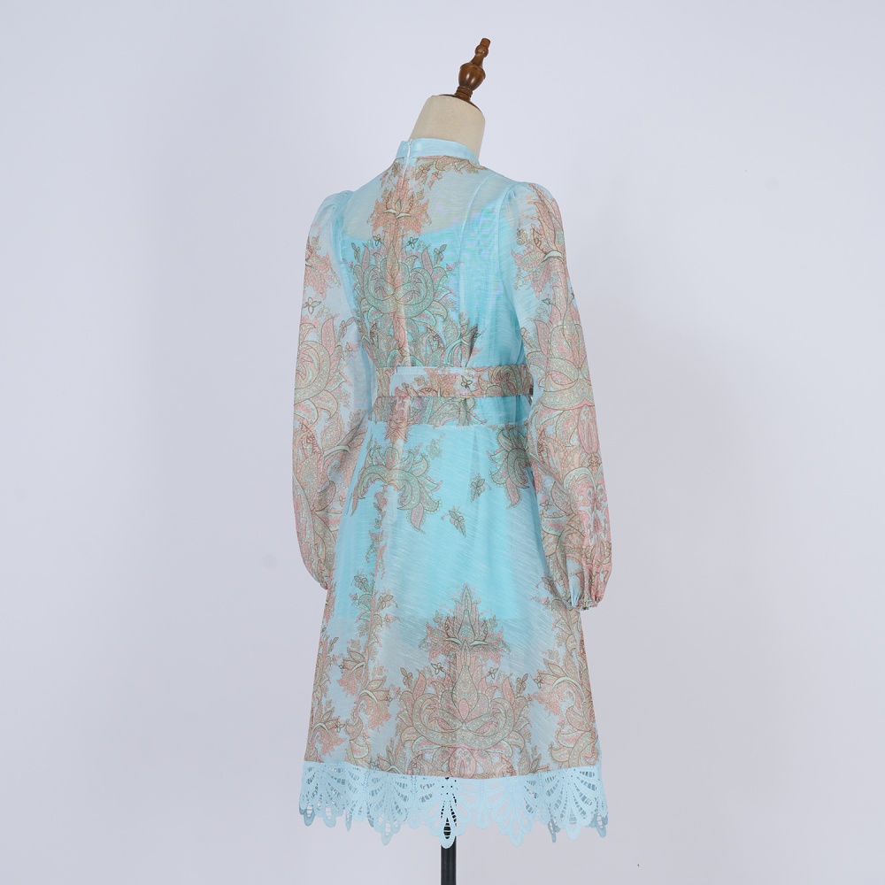 Lace printing national style lantern sleeve dress