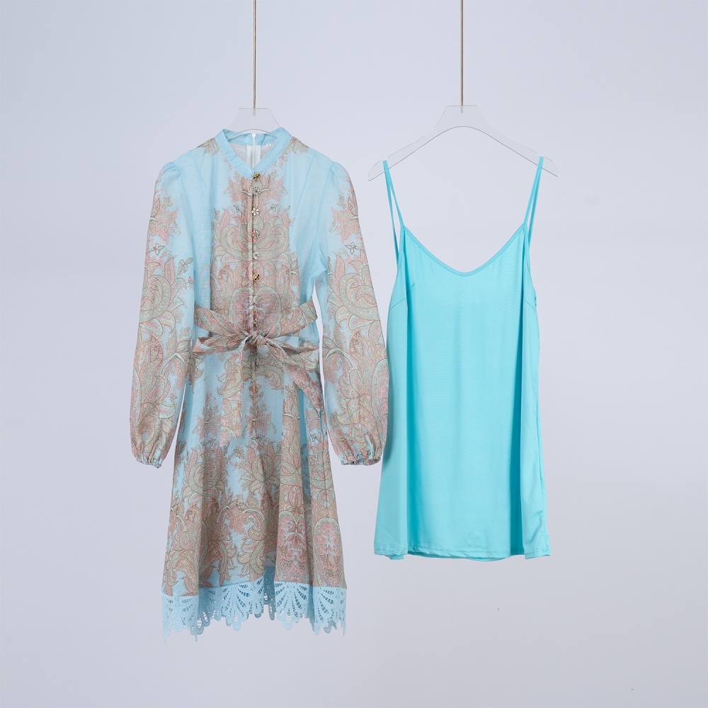 Lace printing national style lantern sleeve dress
