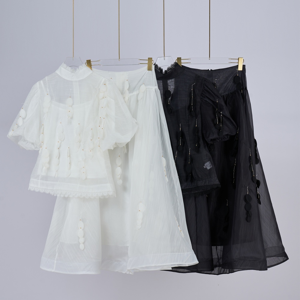 Ladies with sling tops lace cstand collar skirt 3pcs set
